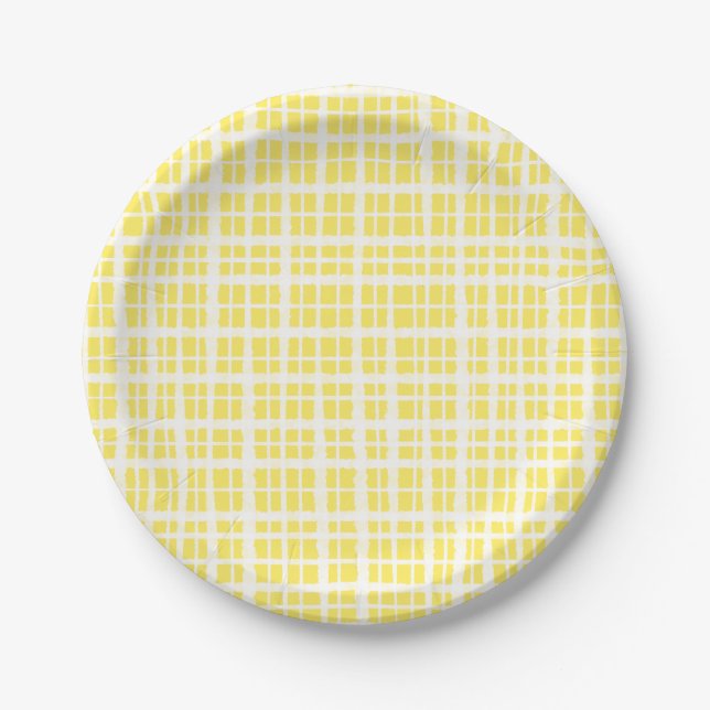 Retro gemaltes Gingham-Karomuster Hellgelb Pappteller (Vorderseite)
