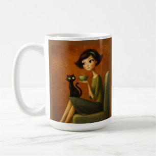 Retro Gemütlicher Morgen Schwarze Katze Ästhetik Kaffeetasse