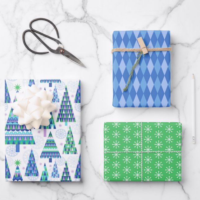 Retro Geo Scandi Weihnachtsbaumen Blue & Green Geschenkpapier Set (Vorderseite)
