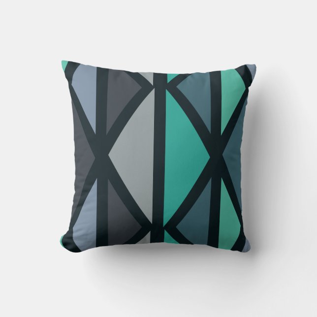 Retro Geometric Art Dreiecke Schwarz Aquamarin Kissen (Vorderseite)
