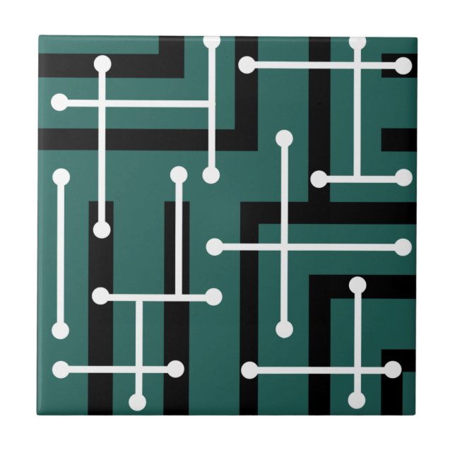 Retro Geometric Art Maze Teal Fliese (Vorderseite)