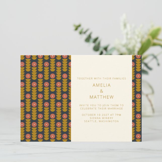 Retro Geometric Botanical Gold Navy Hochzeit Einladung (Stehend Vorderseite)