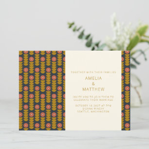 Retro Geometric Botanical Gold Navy Hochzeit Einladung
