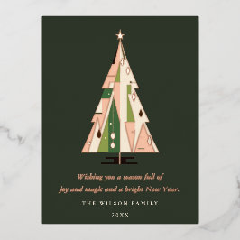 Retro Geometric Christmas Tree Blush Forest Green Folien Feiertagspostkarte