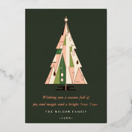 Retro Geometric Christmas Tree Blush Green Rust Folien Feiertagskarte