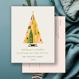 Retro Geometric Christmas Tree Blush Mustard Green Feiertagspostkarte