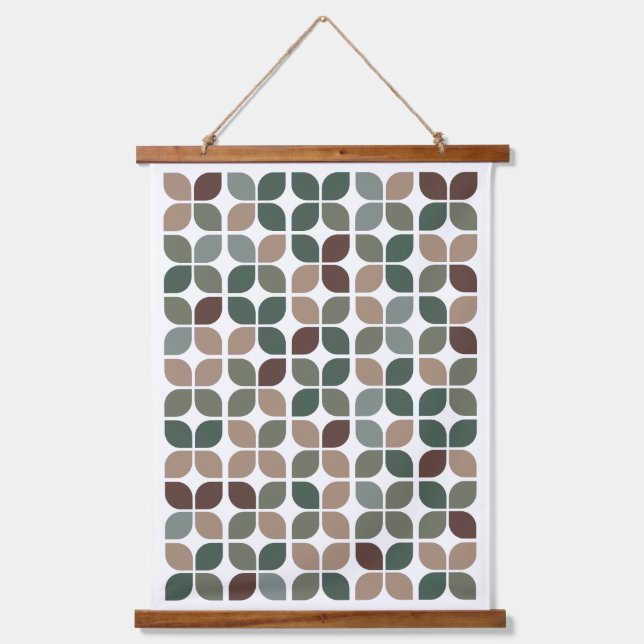 Retro Geometric Leaf Muster Green Brown Taupe Wandteppich Mit Holzrahmen (Vorderseite)