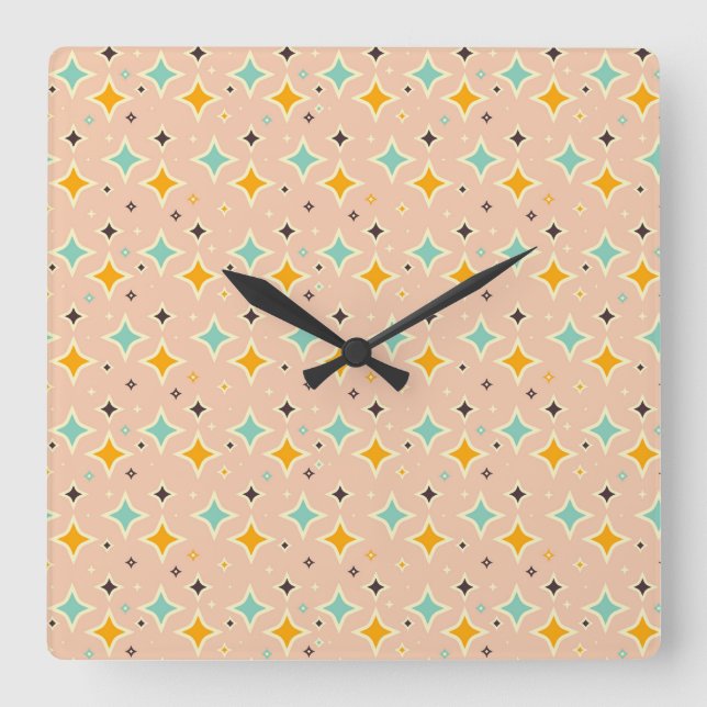 Retro geometric pattern with teal, orange, black quadratische wanduhr (Vorderseite)