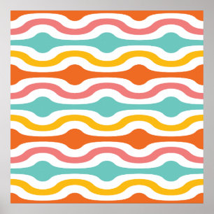 Retro Geometric Waves Orange Rosa Türkis Gelb Poster