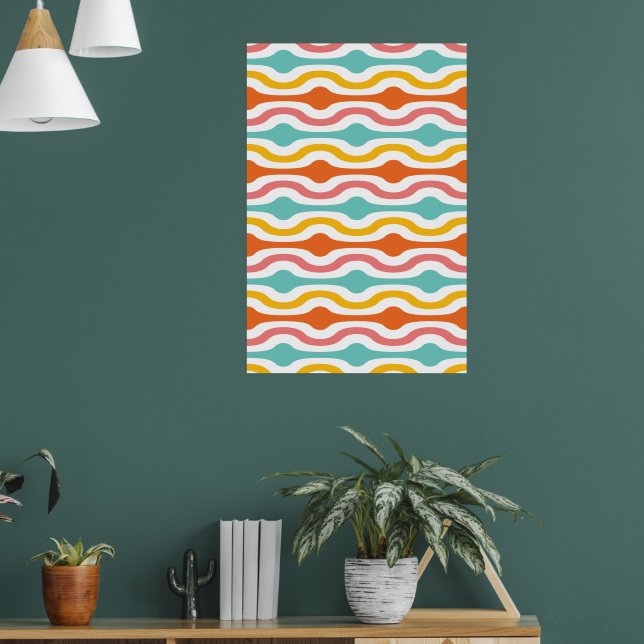 Retro Geometric Waves Orange Rosa Türkis Gelb Poster (Wohnzimmer 1)