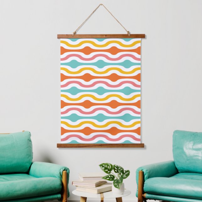 Retro Geometric Waves Orange Rosa Türkis Gelb Wandteppich Mit Holzrahmen (Wohnzimmer)