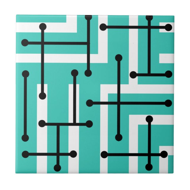 Retro Geometrie Art Maze Turquoise Fliese (Vorderseite)