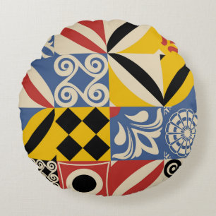 Retro-geometrische Formen: Azulejos-Fliesen. Rundes Kissen