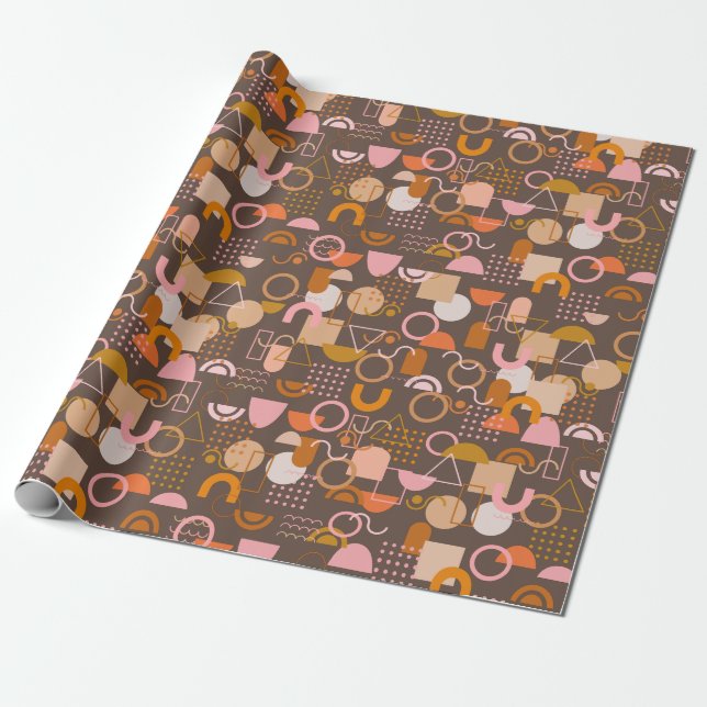 Retro-geometrische Formen in Braun, Pink und Orang Geschenkpapier (Ungerollt)