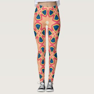 Retro-geometrische Pfirsich-Blau-Rosa-Muster Leggings