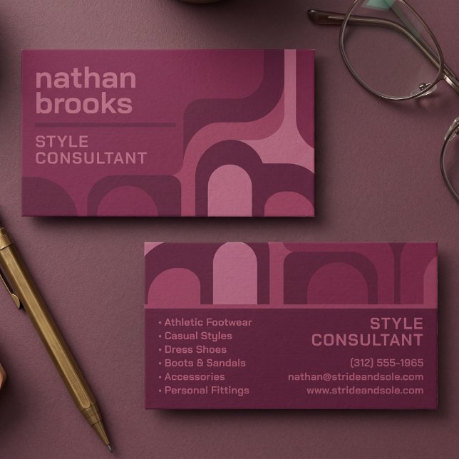 Retro geometrisches Bogenmuster Visitenkarte (Simulated business cards on table)