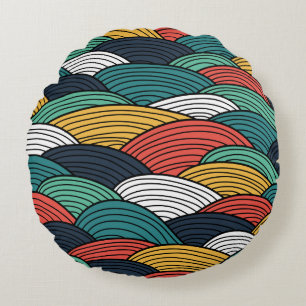 Retro geometrisches buntes Wellenmuster Rundes Kissen