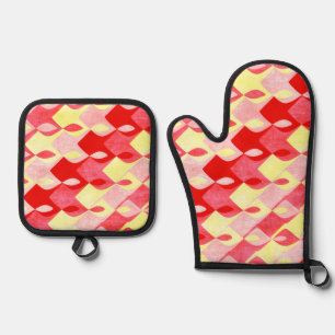 Retro geometrisches Diamantmuster Rot, Pink & Gelb Ofenhandschuh & Topflappen-Set