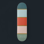 Retro gestreift skateboard<br><div class="desc">Retro inspirierte vertikale gestreifte Gestaltung in aquamarinen und Salbei-Tönen mit Orange, Weich-Rosa und Gold. Vollständig anpassbar mit Ihrem Namen, Initialen oder Monogramm.</div>