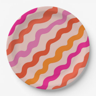 Retro-gestreifte abstrakte Wellen Rosa Rot Orange Pappteller