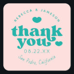 Retro Gewerkschaft Rosa und Aquamarine Hochzeit Vi Quadratischer Aufkleber<br><div class="desc">Retro inspiriert Schriftart "Danke" mit Herzen,  in bearbeitbaren Farben für Hintergrund und Grafik.</div>