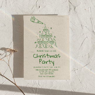 Retro Gezeichnet Green Champagne Tower Weihnachtsf Einladung