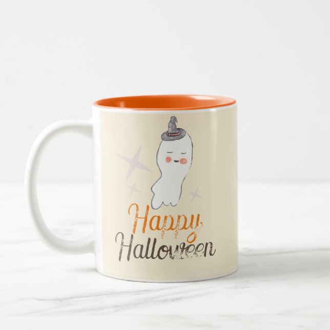 Retro Ghost Doodle Halloween Design Zweifarbige Tasse (Links)