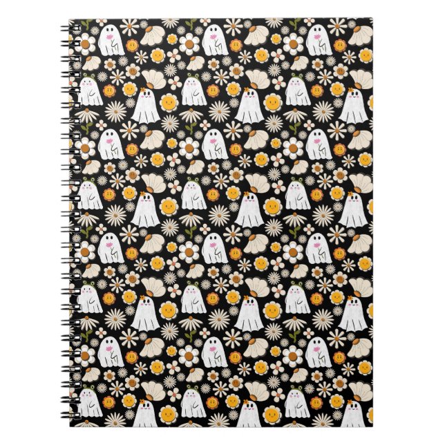 Retro Ghost Flowers Halloween Seamless Pattern Notizblock (Vorderseite)
