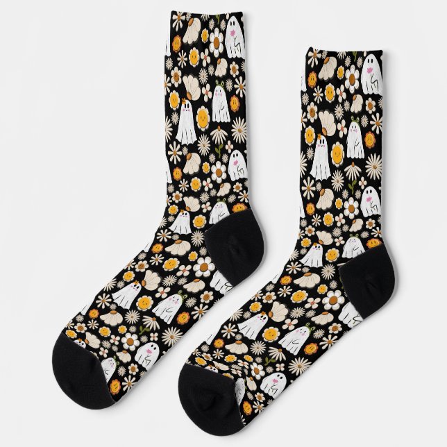 Retro Ghost Flowers Halloween Seamless Pattern Socken (Linkes Detail)