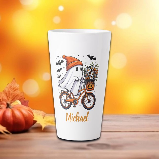 Retro Ghost on Bicycle Halloween Milchtasse (Von Creator hochgeladen)