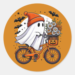 Retro Ghost on Bicycle Halloween Runder Aufkleber