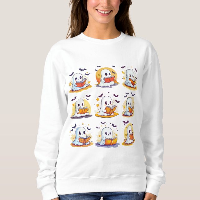 Retro Ghost Reading Books – Cute Spooky Book Sweatshirt (Vorderseite)