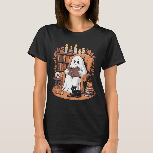 Retro Ghost Reading Books T-Shirt (Vorderseite)