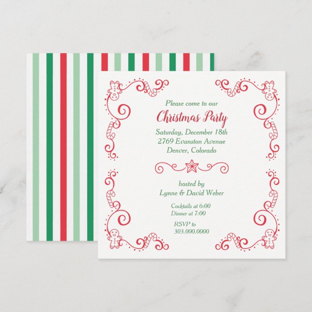 Retro Gingerbrot Candy Cane Border Holiday Party Einladung (Vorne/Hinten)