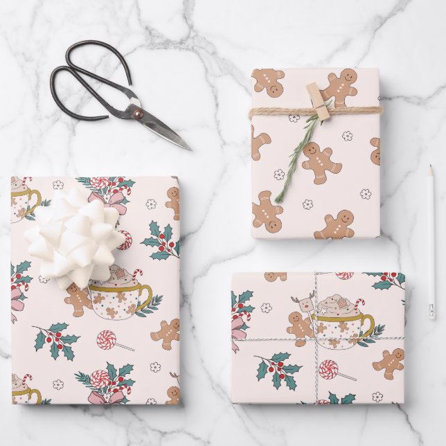 Retro Gingerbrot Cookies und Tee Weihnachten Geschenkpapier Set (Vorderseite)