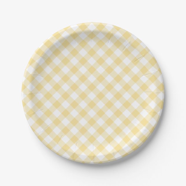 Retro-Gingham Kanariengelb Pappteller (Vorderseite)