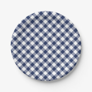 Retro-Gingham Navyblau Pappteller
