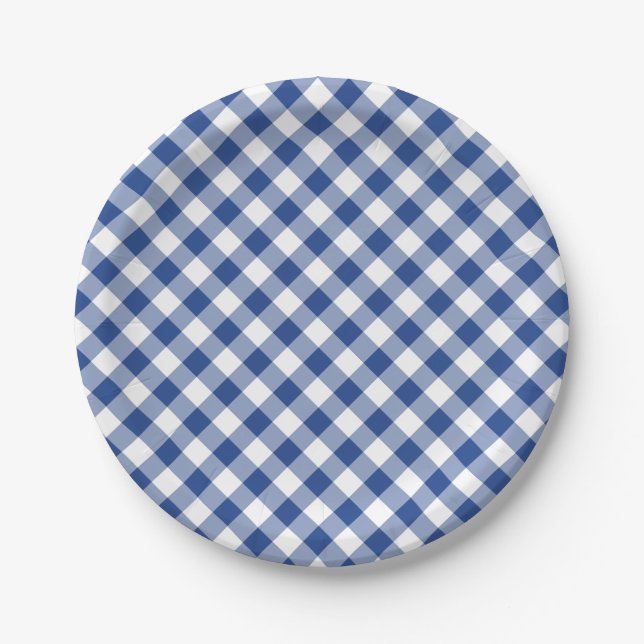 Retro Gingham True Blue Pappteller (Vorderseite)