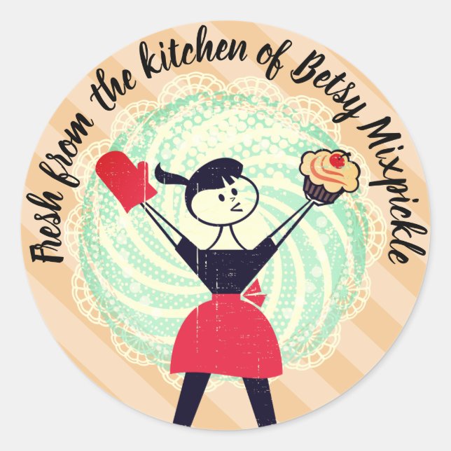 Retro Girl Cupcake aus der Küche des Aufklebers Runder Aufkleber (Vorderseite)