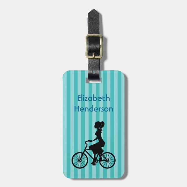 Retro Girl Cyclist Silhouette Gepäckanhänger (Vorderseite vertikal)