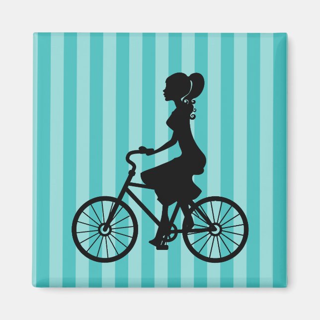 Retro Girl Cyclist Silhouette Magnet (Vorne)