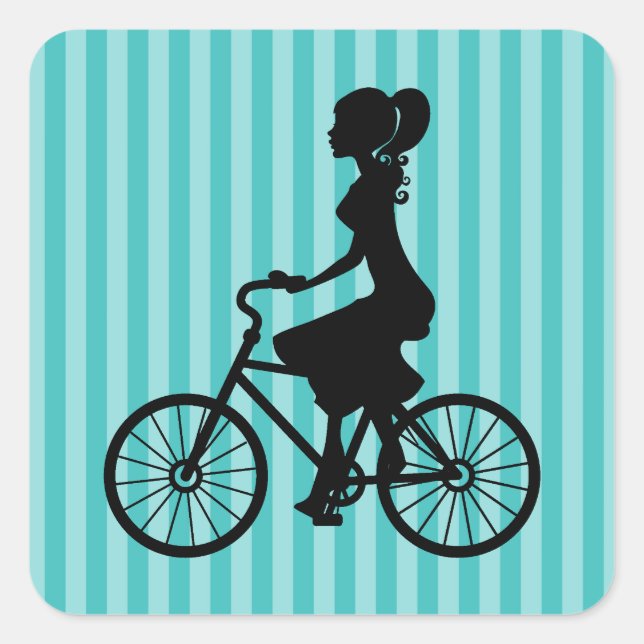 Retro Girl Cyclist Silhouette Quadratischer Aufkleber (Vorderseite)