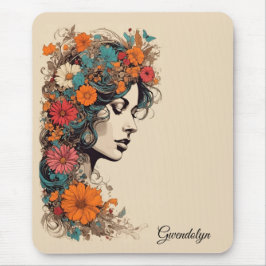 Retro Girl mit Blume in ihrem Haar Mousepad