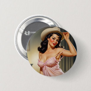 Retro Girl mit Cowboy Hat Button