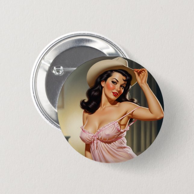 Retro Girl mit Cowboy Hat Button (Vorne & Hinten)