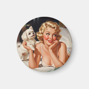 Retro Girl mit maltesischem Hund 50er Button-up Ar Magnet