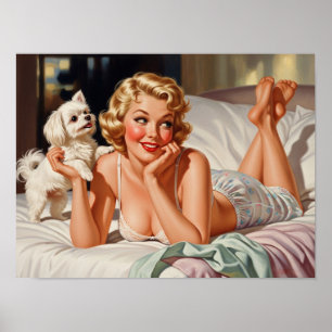 Retro Girl mit maltesischem Hund 50er Button-up Ar Poster