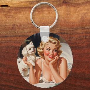 Retro Girl mit maltesischem Hund 50er Button-up Ar Schlüsselanhänger
