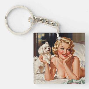 Retro Girl mit maltesischem Hund 50er Button-up Ar Schlüsselanhänger