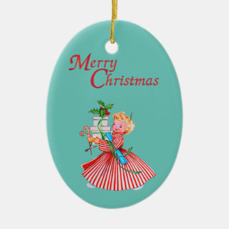 Retro Girl & Presents Frohe Weihnachtscreme Candy  Keramik Ornament